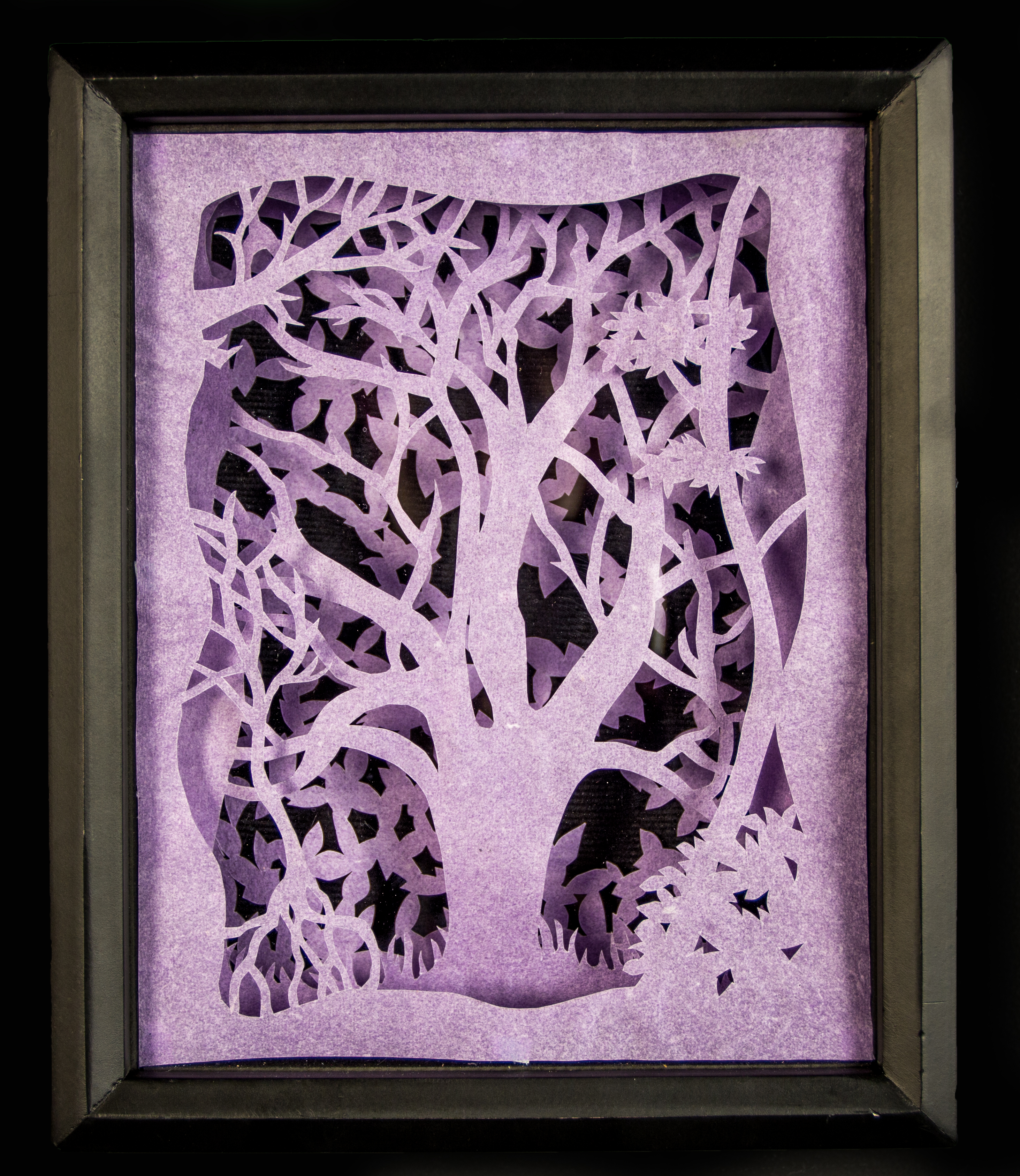 Paper Cutting Three Layer Forest Scene in Shadowbox. Handmade paper. © Karla Hovde 2015